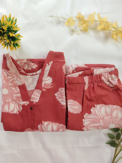 Floral Printed Cotton Slub Orange A Line Cordset with 3/4 th sleeves 