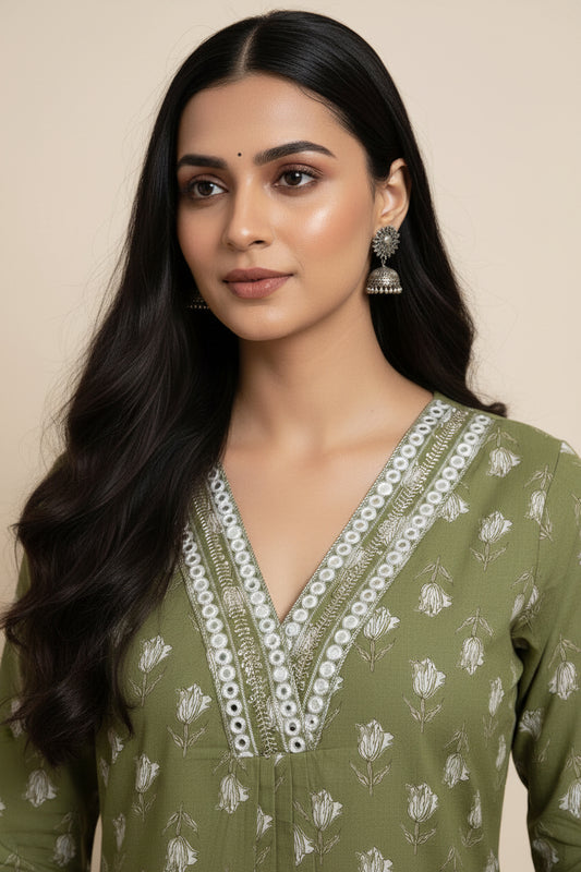 Green Floral Printed Cotton A Line flared Cordset with mirror work