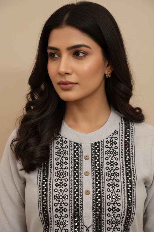 Grey Cotton emboidery A Line kurti pant set