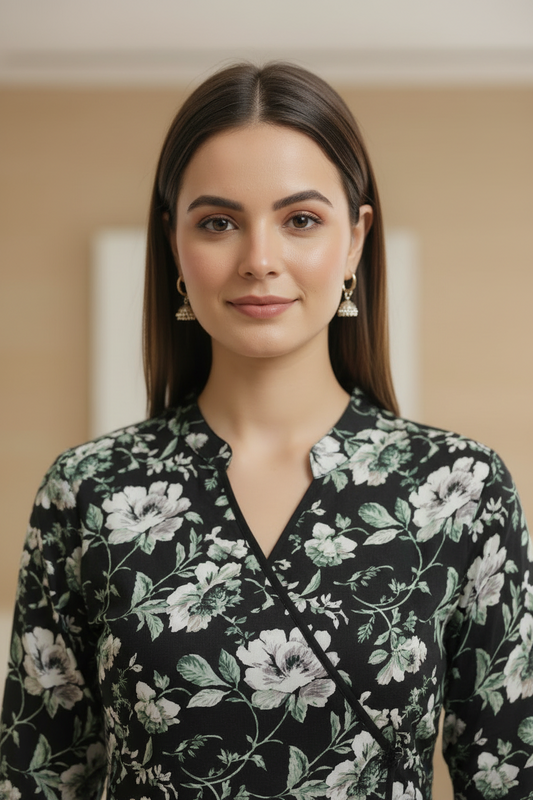 Black Floral Printed Cotton Straight Kurti Pant Set