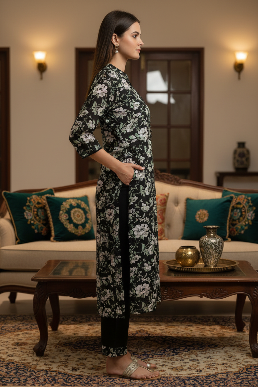 Black Floral Printed Cotton Straight Kurti Pant Set