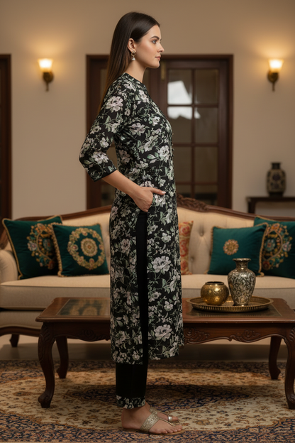 Black Floral Printed Cotton Straight Kurti Pant Set