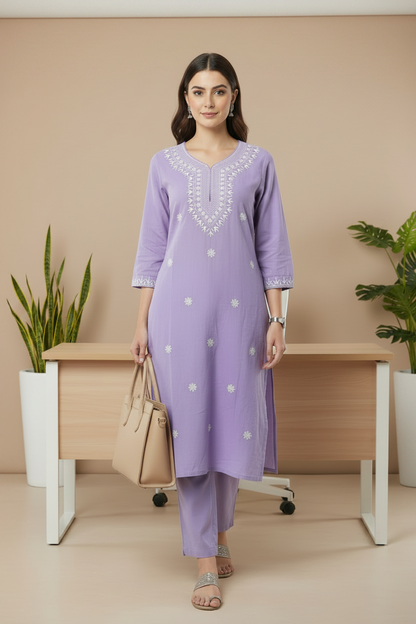 Voilet Embroidered Rayon straight Kurti Pant Set