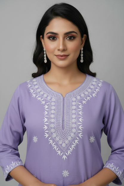 Voilet Embroidered Rayon straight Kurti Pant Set