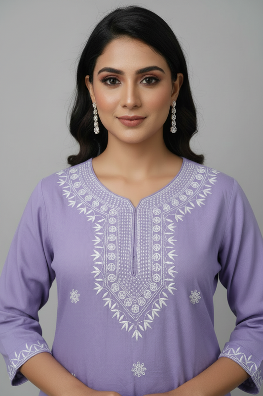 Voilet Embroidered Rayon straight Kurti Pant Set
