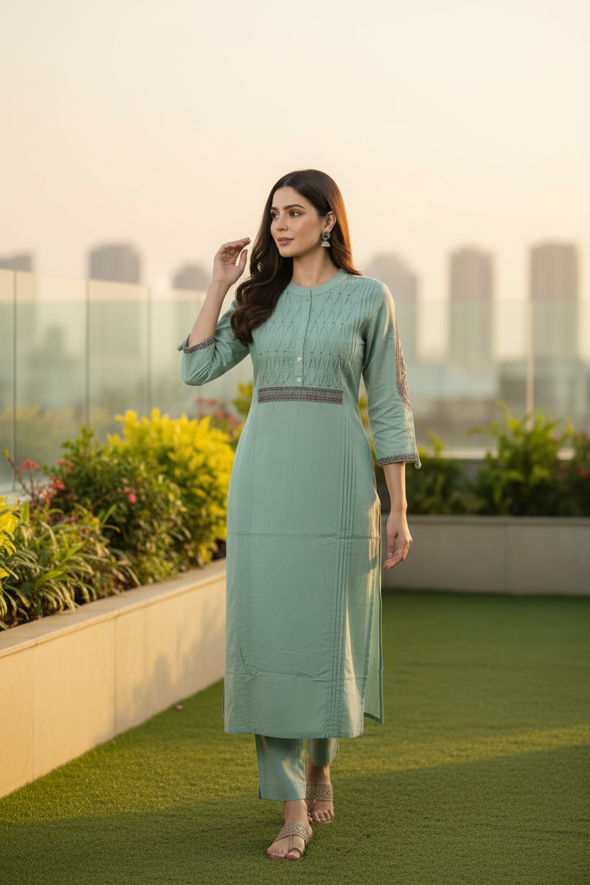 Green Embroidered Cotton flex Straight Kurti Pant set