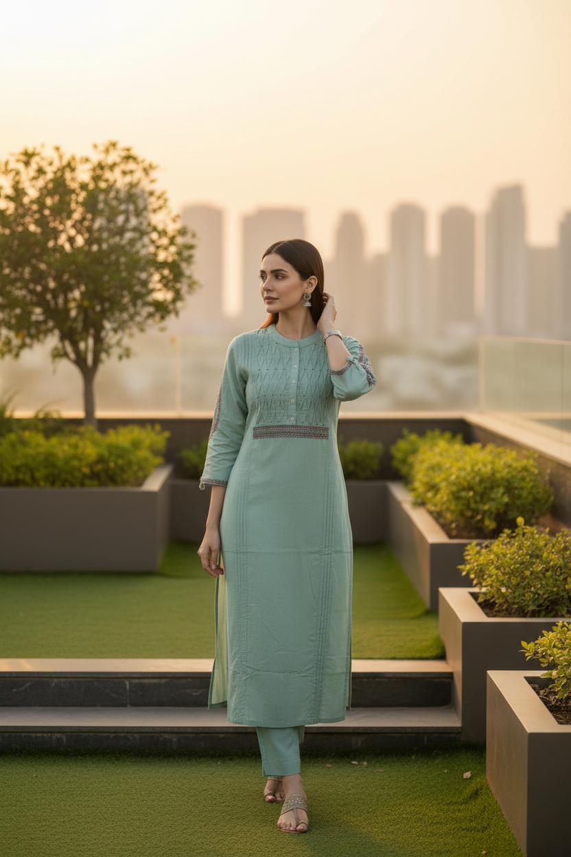 Green Embroidered Cotton flex Straight Kurti Pant set