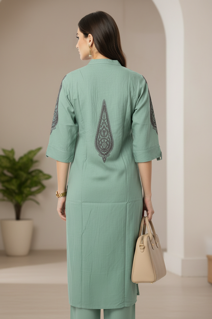 Green Embroidered Cotton flex Straight Kurti Pant set
