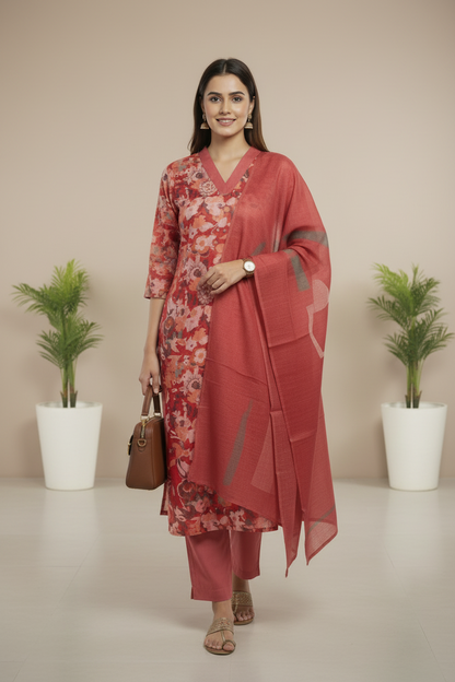 Orange Chinnon silk Straight Kurti Pant Dupatta sets