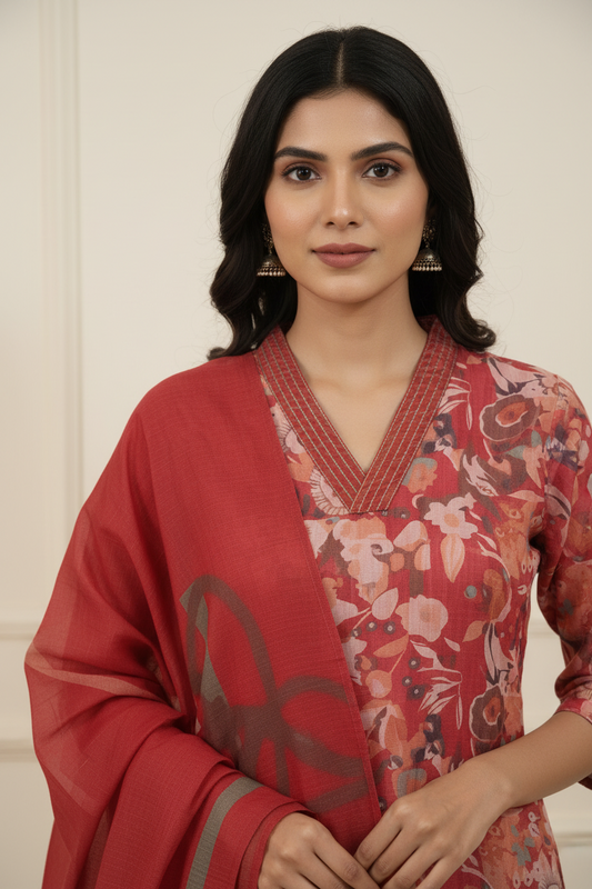 Orange Chinnon silk Straight Kurti Pant Dupatta sets