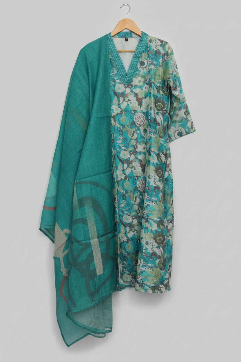 Blue Chinnon silk Straight Kurti Pant Dupatta sets