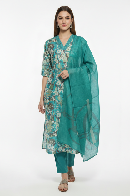 Blue Chinnon silk Straight Kurti Pant Dupatta sets