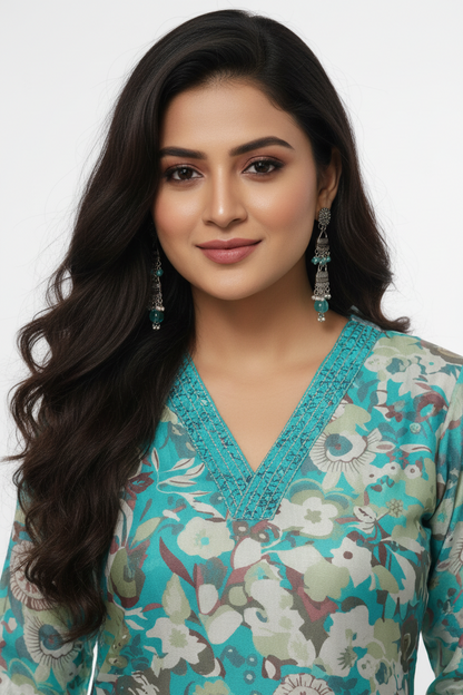 Blue Chinnon silk Straight Kurti Pant Dupatta sets
