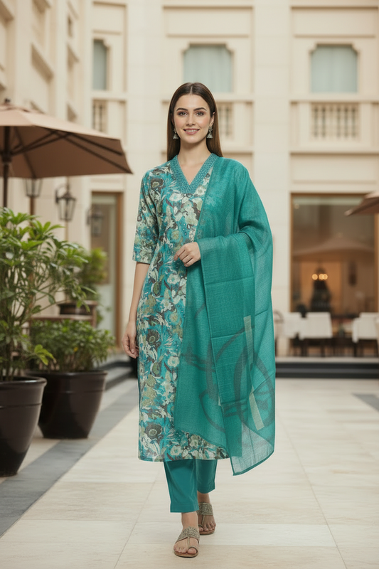 Blue Chinnon silk Straight Kurti Pant Dupatta sets