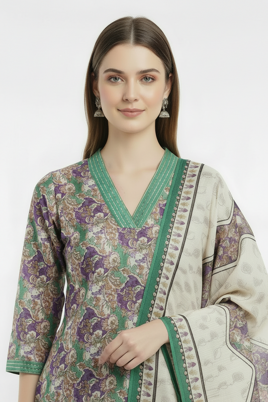 Green Chinnon silk Straight Kurti Pant Dupatta set