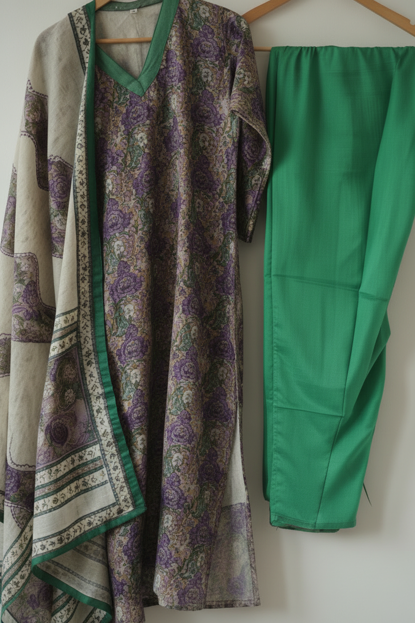 Green Chinnon silk Straight Kurti Pant Dupatta set