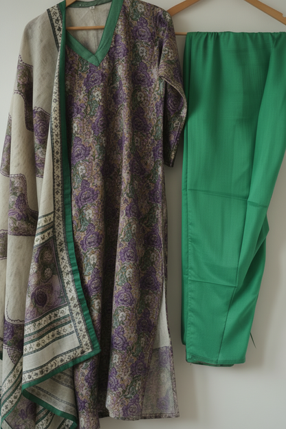 Green Chinnon silk Straight Kurti Pant Dupatta set