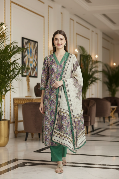 Green Chinnon silk Straight Kurti Pant Dupatta set