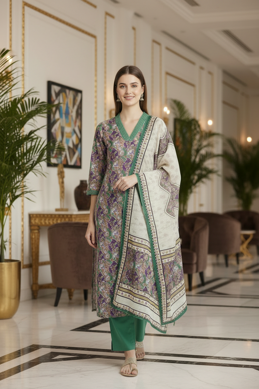 Green Chinnon silk Straight Kurti Pant Dupatta set