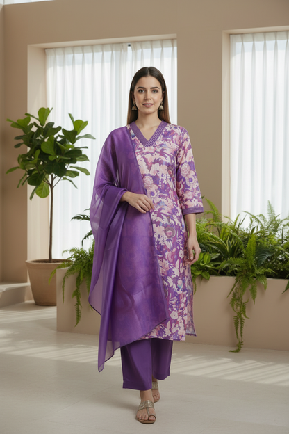 Lavender Chinnon silk Straight Kurti Pant Dupatta set