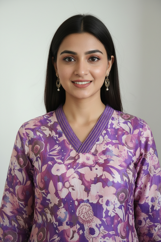 Lavender Chinnon silk Straight Kurti Pant Dupatta set