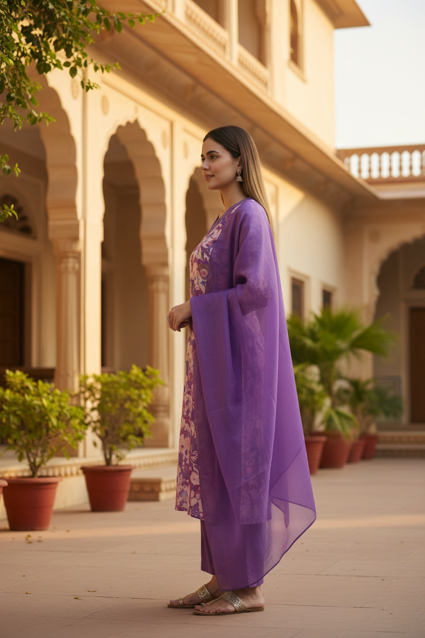 Lavender Chinnon silk Straight Kurti Pant Dupatta set