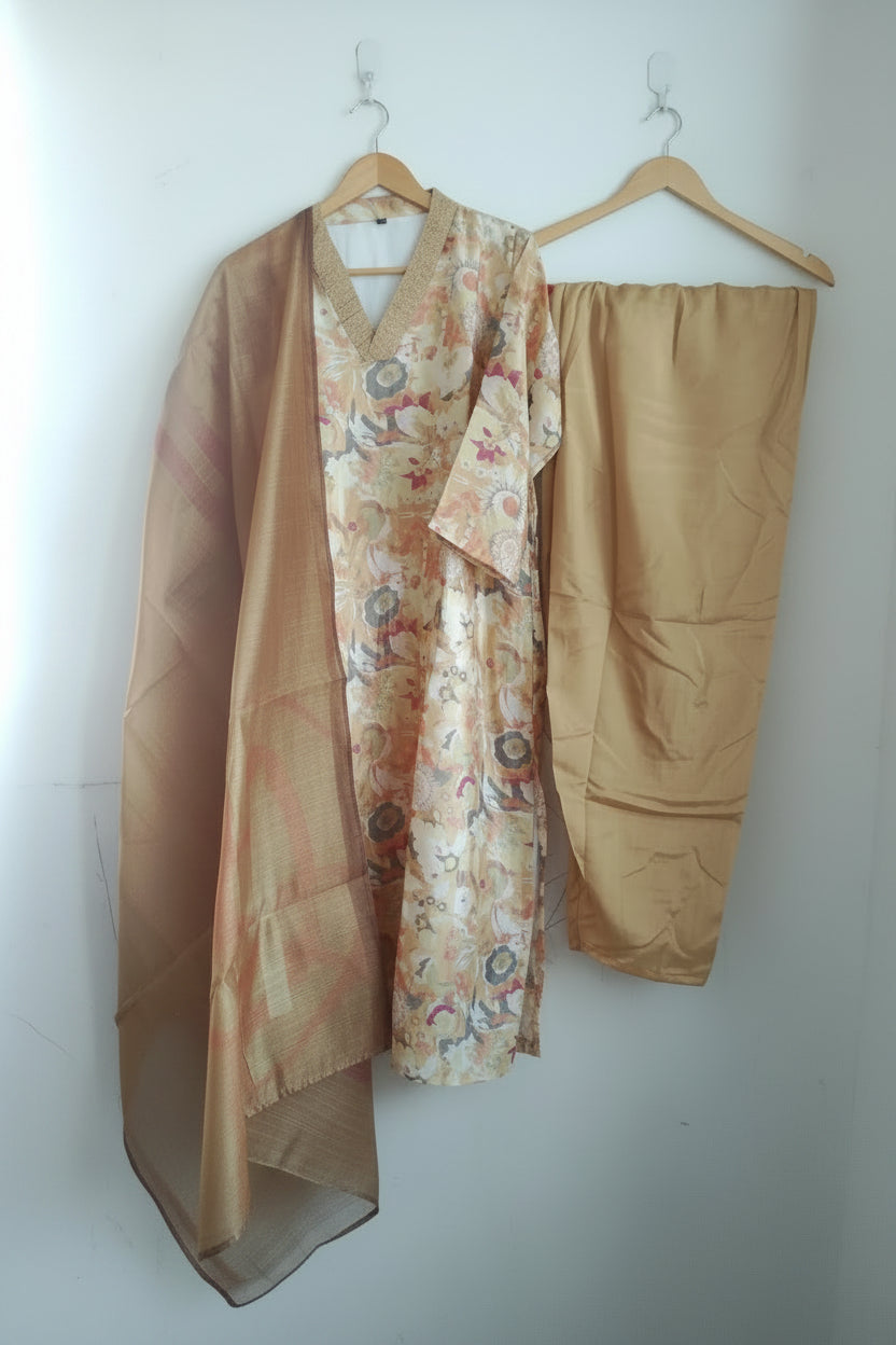 Bright Yellow Chinnon silk Straight Kurti Pant Dupatta set