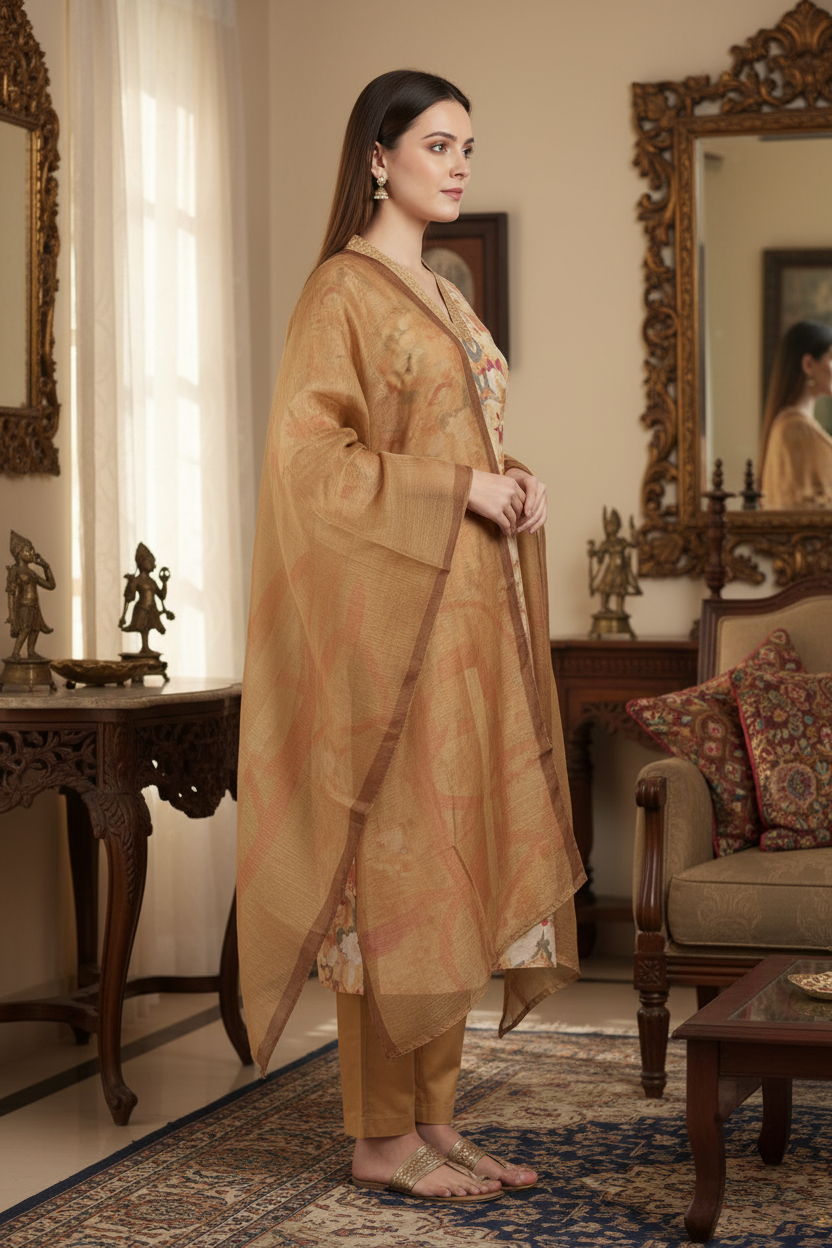 Bright Yellow Chinnon silk Straight Kurti Pant Dupatta set