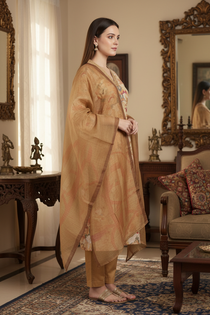 Bright Yellow Chinnon silk Straight Kurti Pant Dupatta set