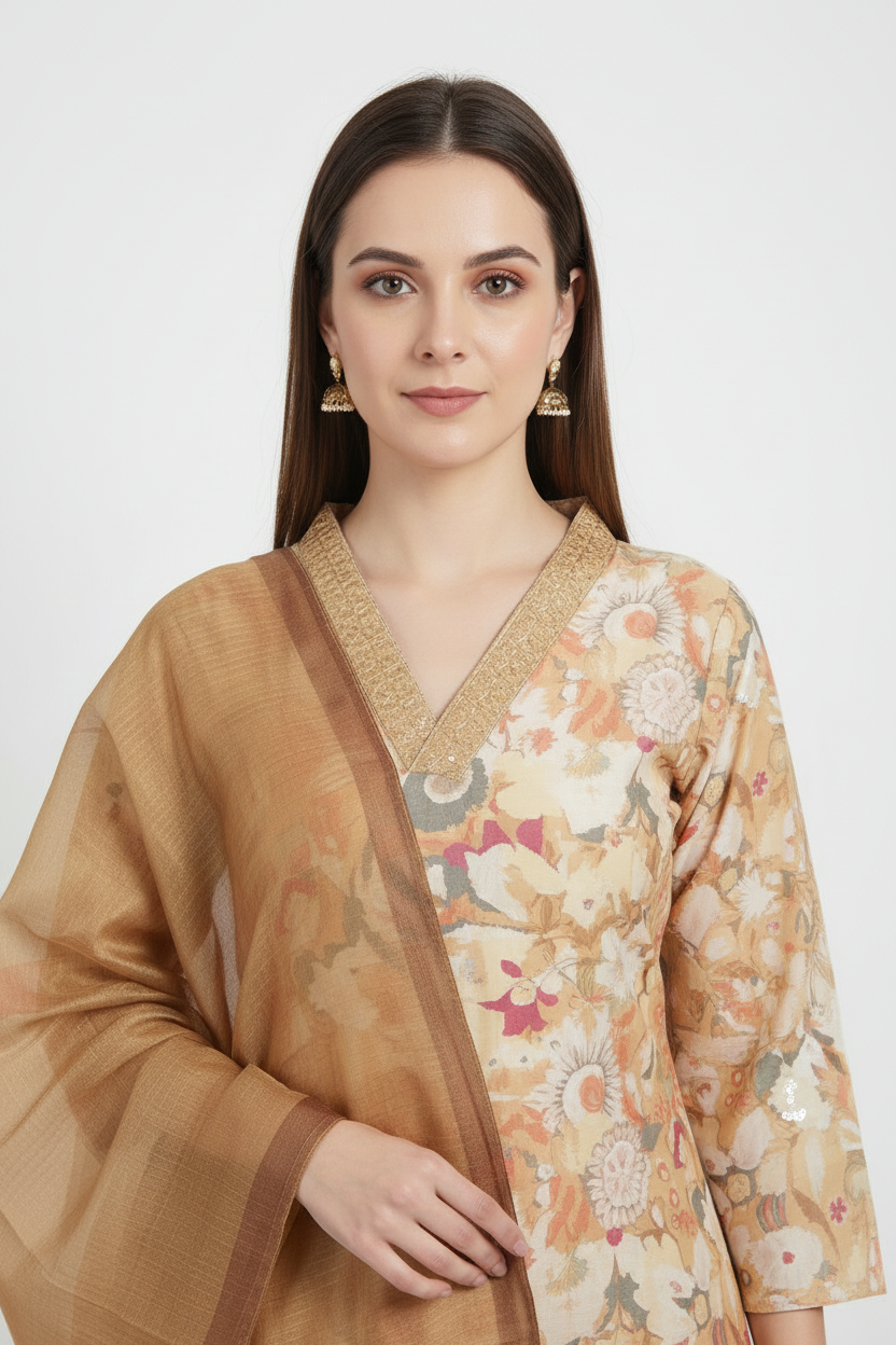 Bright Yellow Chinnon silk Straight Kurti Pant Dupatta set