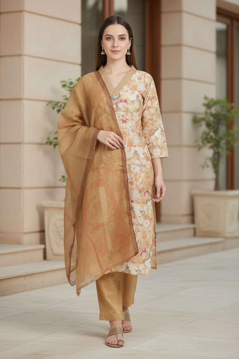 Bright Yellow Chinnon silk Straight Kurti Pant Dupatta set