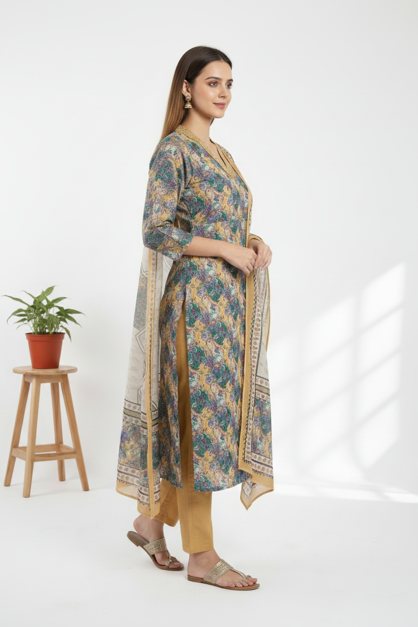 Yellow Chinnon silk Straight Kurti Pant Dupatta set