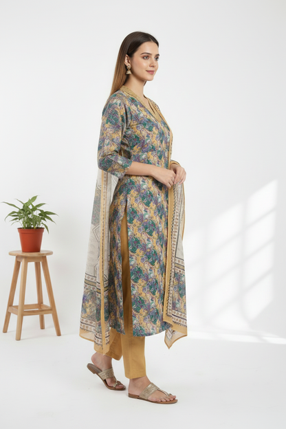 Yellow Chinnon silk Straight Kurti Pant Dupatta set
