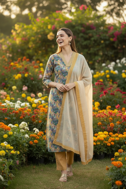 Yellow Chinnon silk Straight Kurti Pant Dupatta set