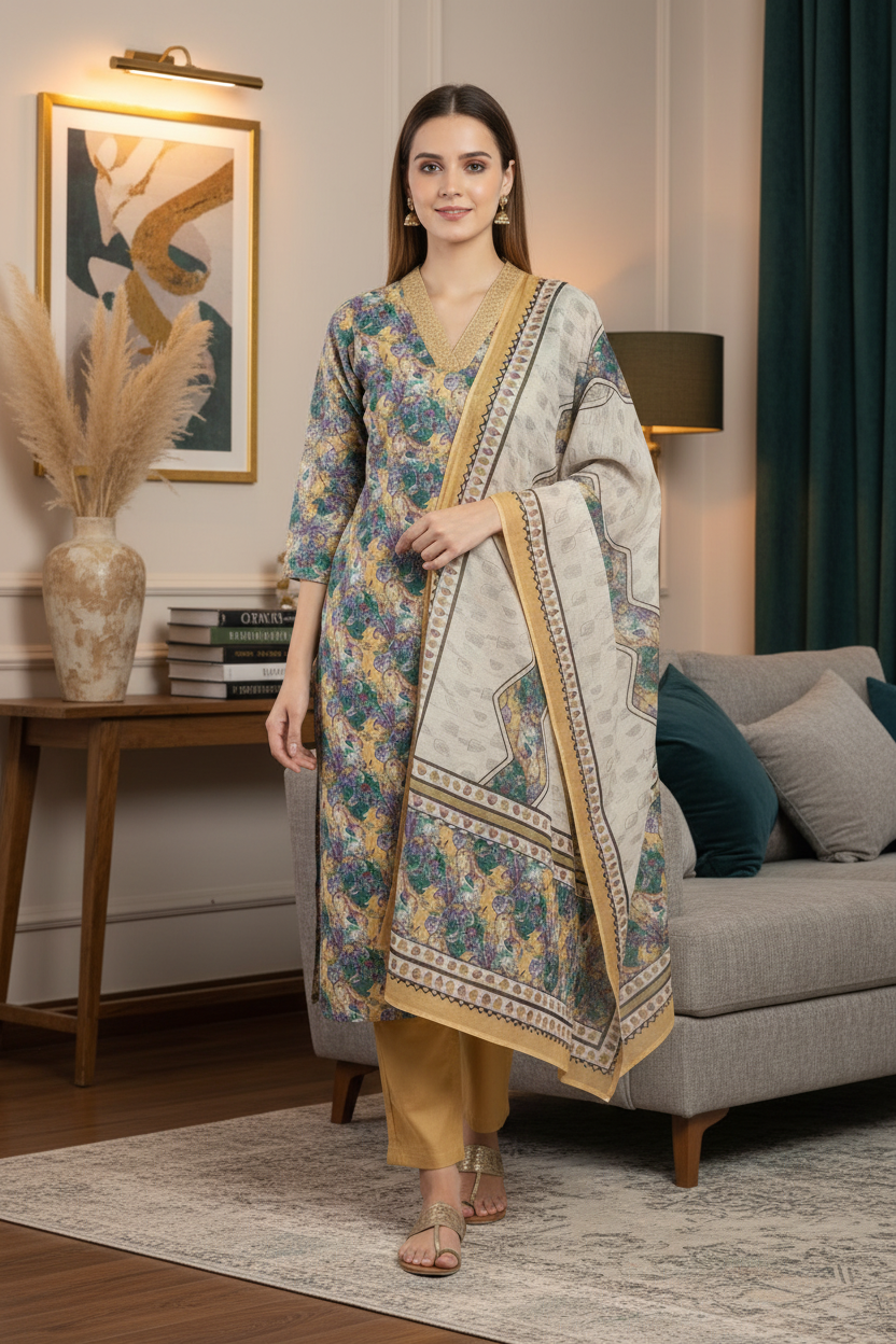 Yellow Chinnon silk Straight Kurti Pant Dupatta set