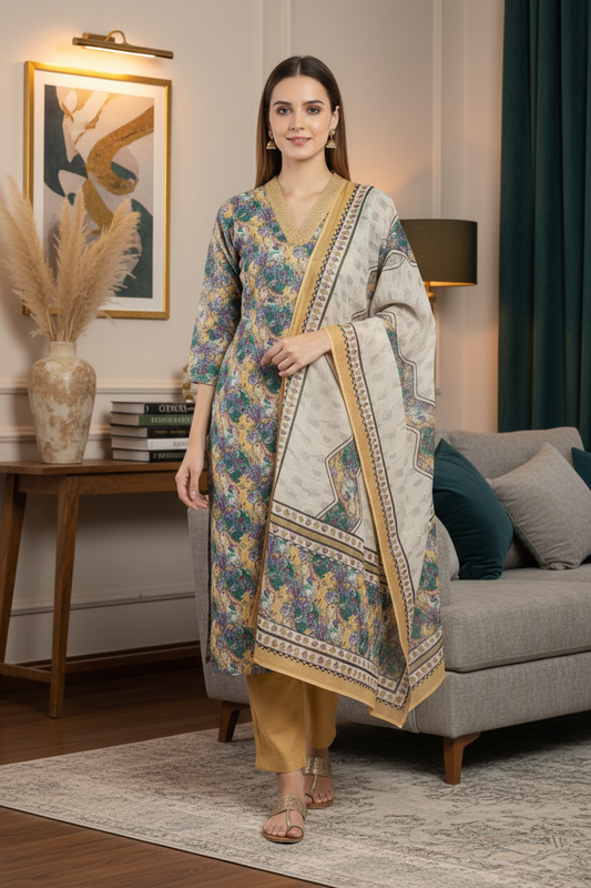 Yellow Chinnon silk Straight Kurti Pant Dupatta set