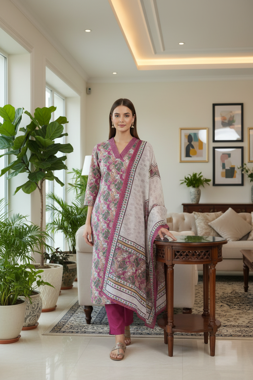 Pink Chinnon silk Straight Kurti Pant Dupatta set