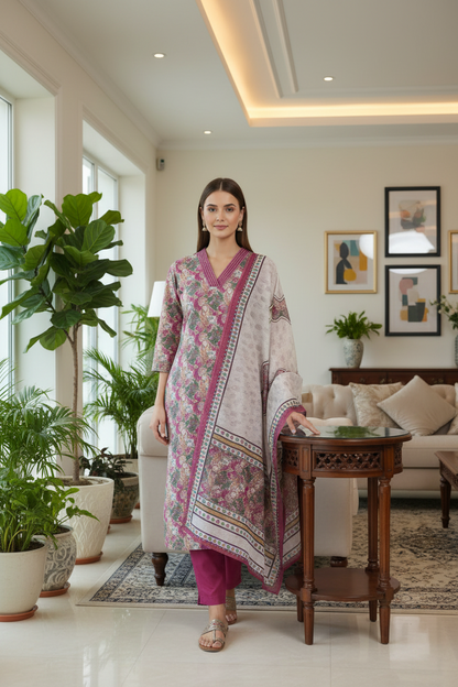 Pink Chinnon silk Straight Kurti Pant Dupatta set
