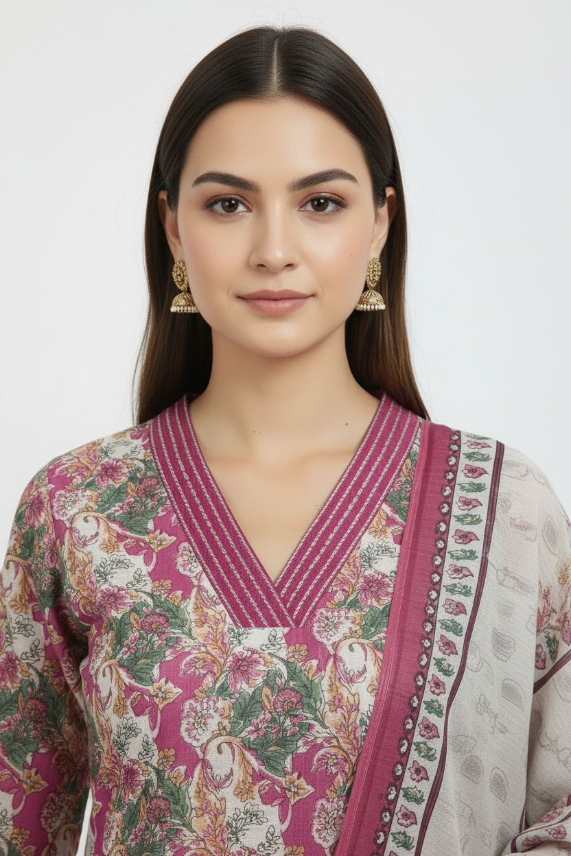 Pink Chinnon silk Straight Kurti Pant Dupatta set