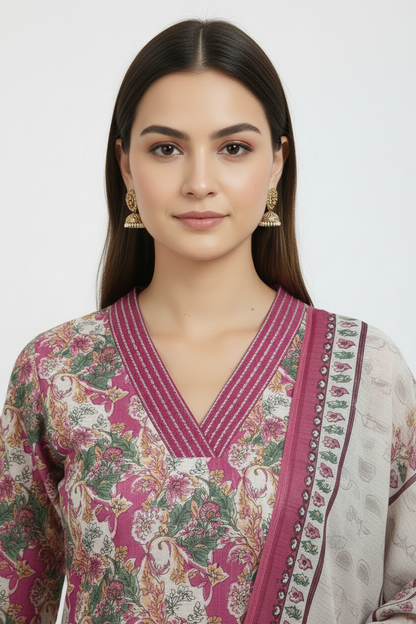 Pink Chinnon silk Straight Kurti Pant Dupatta set