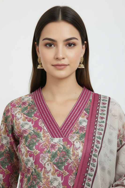 Pink Chinnon silk Straight Kurti Pant Dupatta set