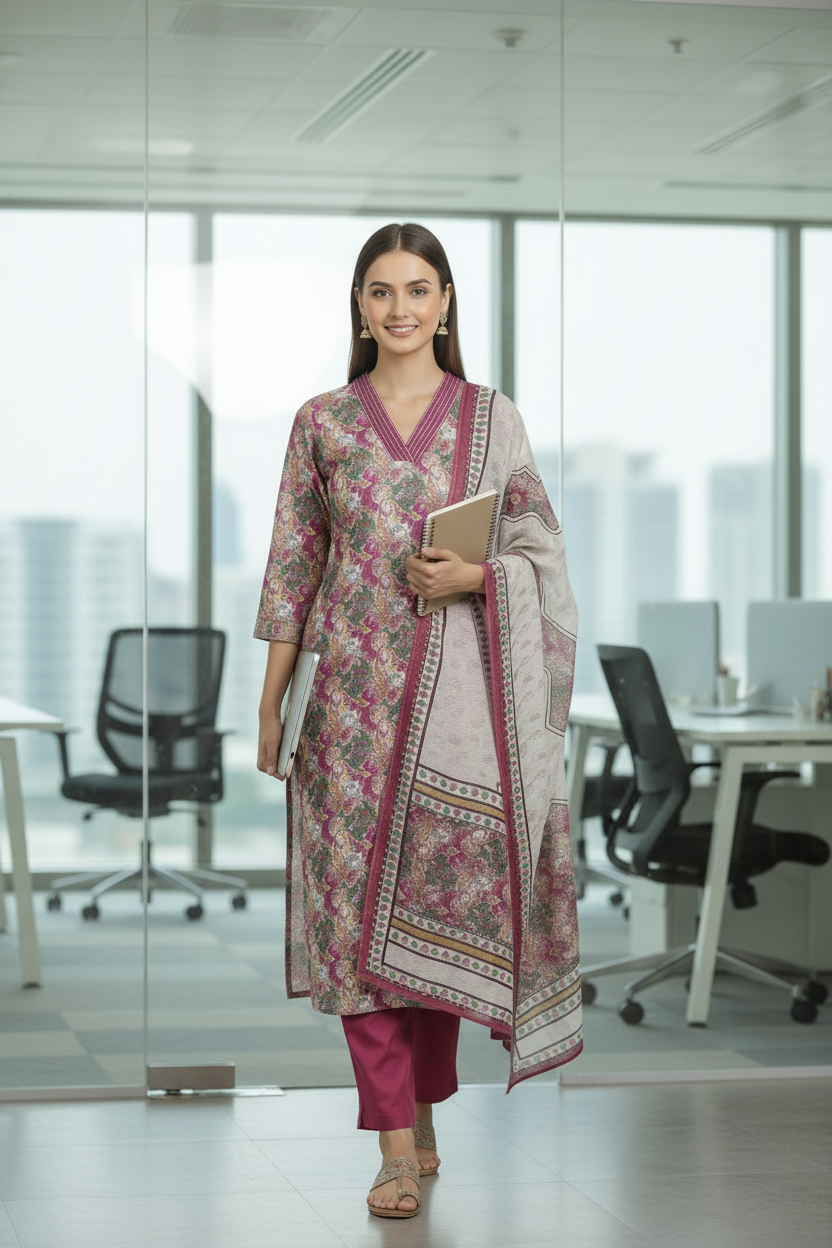 Pink Chinnon silk Straight Kurti Pant Dupatta set