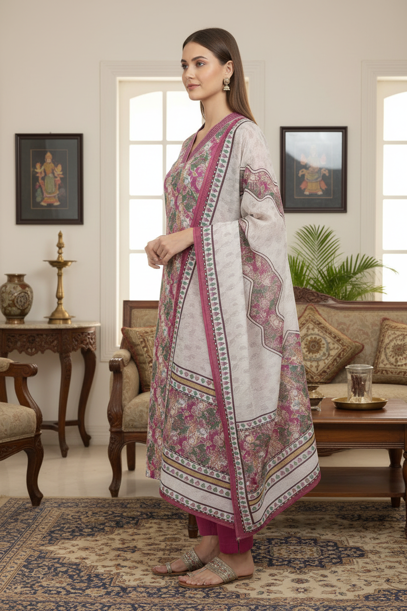 Pink Chinnon silk Straight Kurti Pant Dupatta set