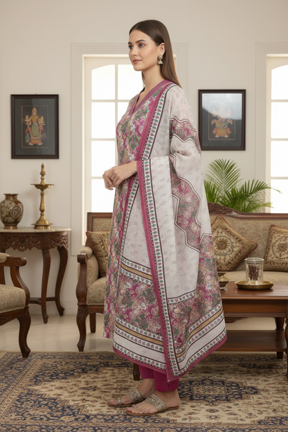 Pink Chinnon silk Straight Kurti Pant Dupatta set