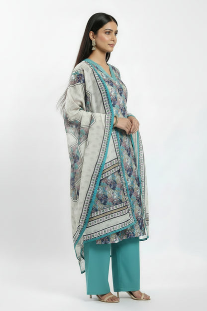 Blue Chinnon silk Straight Kurti Pant Dupatta set