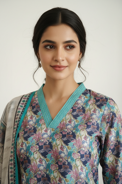 Blue Chinnon silk Straight Kurti Pant Dupatta set