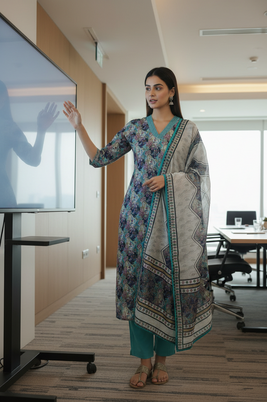 Blue Chinnon silk Straight Kurti Pant Dupatta set