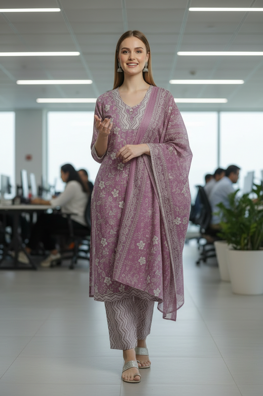 Onion Pink Cotton A Line Kurti Pant Dupatta sets