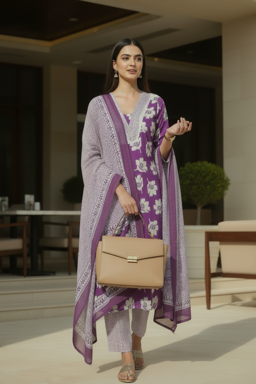Purple  Floral Printed Cotton A Line Kurti Pant Dupatta sets