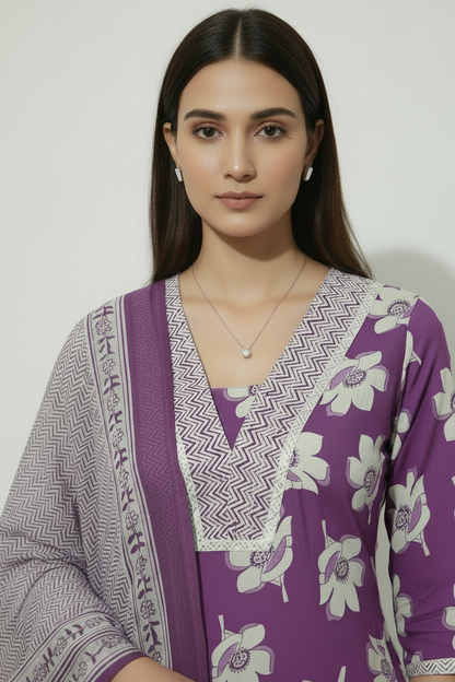 Purple  Floral Printed Cotton A Line Kurti Pant Dupatta sets